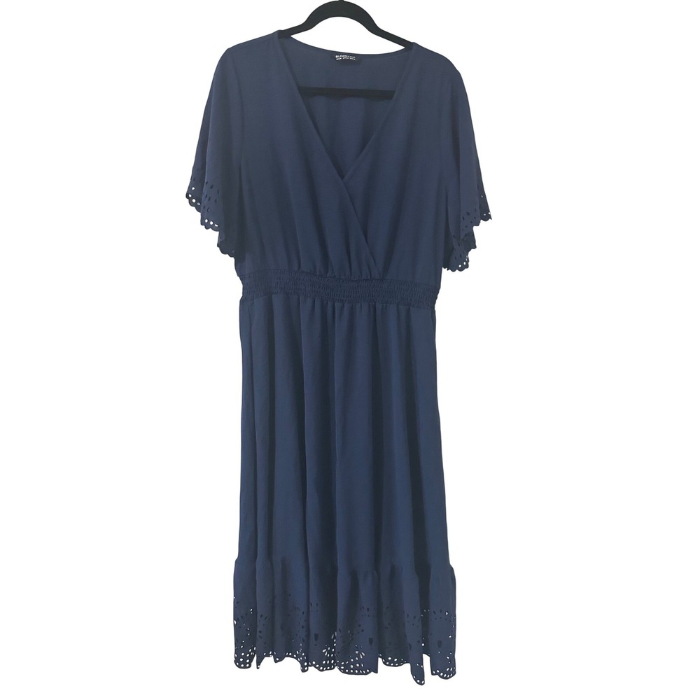 BloomChic Navy Blue Eyelet Hem Midi Dress Surplice V-Neck Smocked Waist 14-16